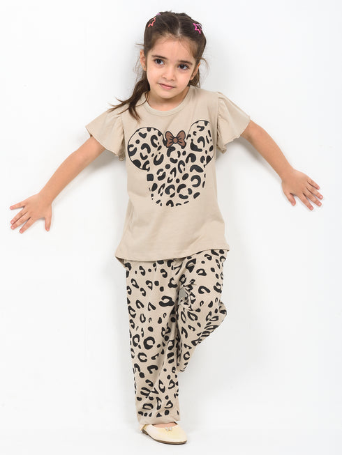 Frill Sleeves Spotted Minnie Cotton Trouser Set (Beige)