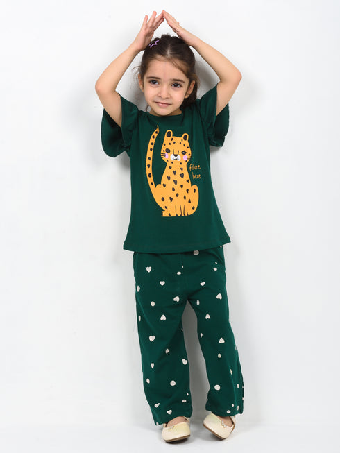 Frill Sleeves Tiny Leopard Cotton Trouser Set (Dark Green)