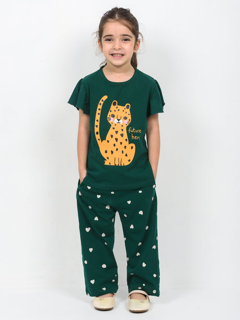 Frill Sleeves Tiny Leopard Cotton Trouser Set (Dark Green)