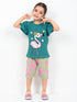 Frill Sleeves Flamingo Fairy Cotton Short Set (Green & Beige)