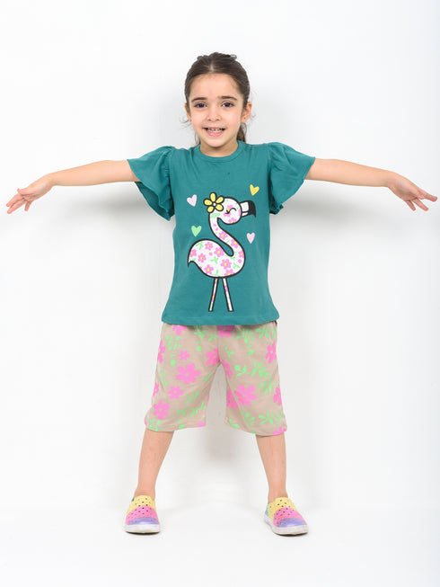 Frill Sleeves Flamingo Fairy Cotton Short Set (Green & Beige)