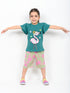 Frill Sleeves Flamingo Fairy Cotton Short Set (Green & Beige)