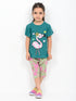 Frill Sleeves Flamingo Fairy Cotton Short Set (Green & Beige)