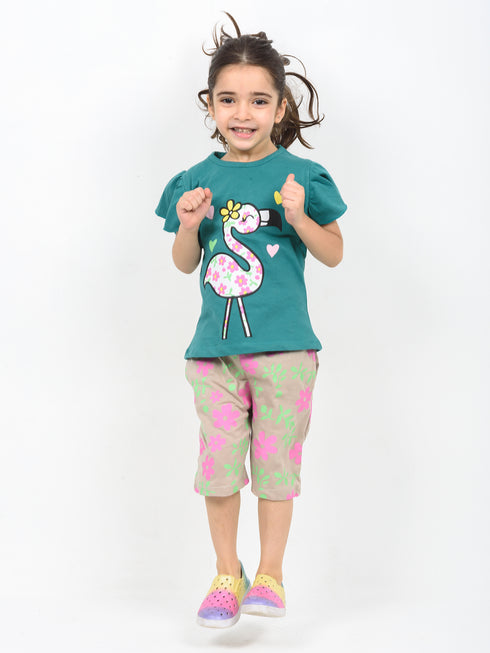 Frill Sleeves Flamingo Fairy Cotton Short Set (Green & Beige)