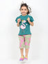 Frill Sleeves Flamingo Fairy Cotton Short Set (Green & Beige)