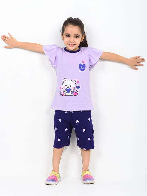 Frill Sleeves Love Bear Cotton Short Set (Lilac & Purple)