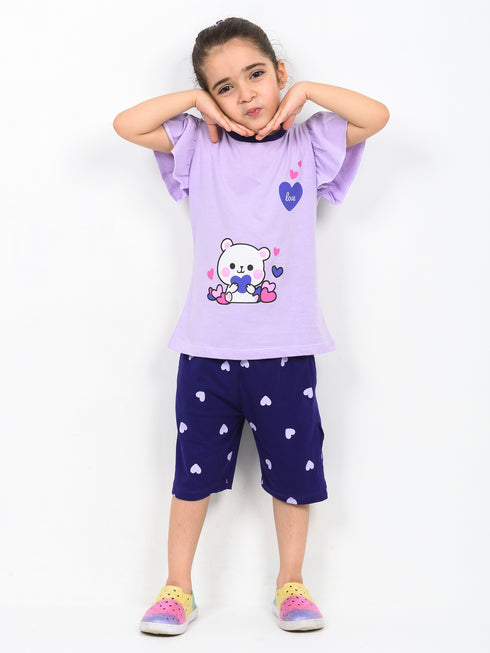 Frill Sleeves Love Bear Cotton Short Set (Lilac & Purple)