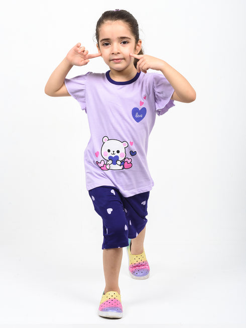 Frill Sleeves Love Bear Cotton Short Set (Lilac & Purple)