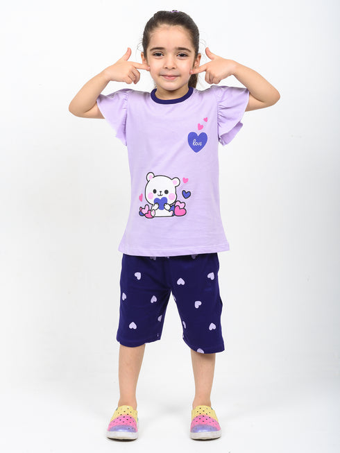 Frill Sleeves Love Bear Cotton Short Set (Lilac & Purple)