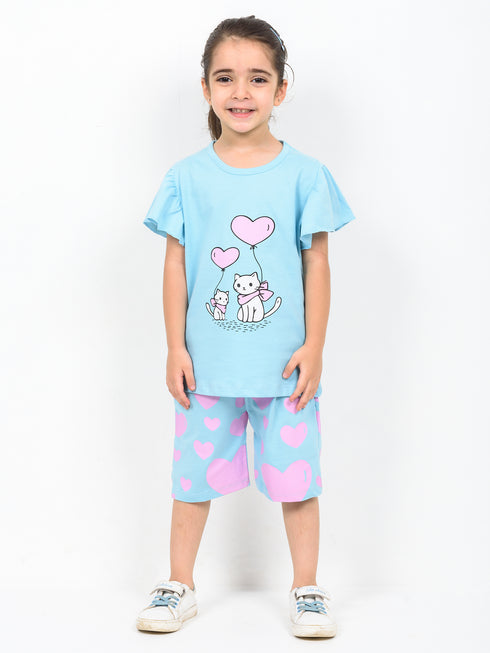 Frill Sleeves Kitty Heart Cotton Short Set (Baby Blue)