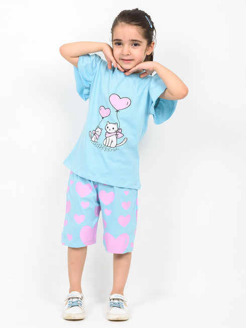 Frill Sleeves Kitty Heart Cotton Short Set (Baby Blue)