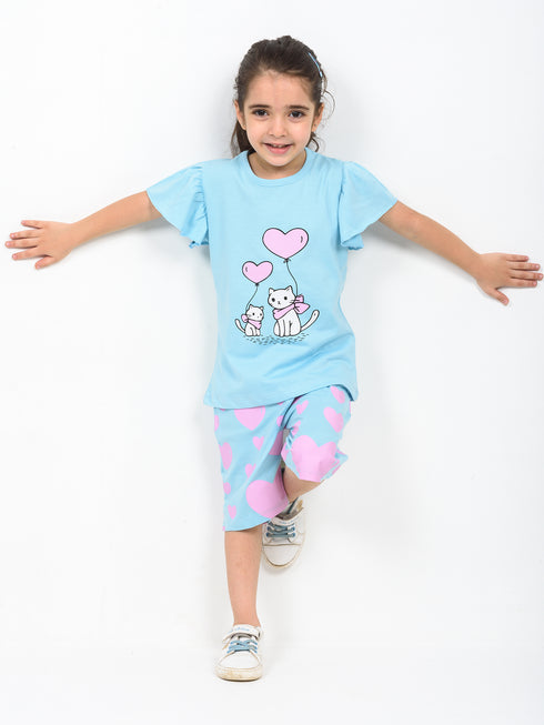 Frill Sleeves Kitty Heart Cotton Short Set (Baby Blue)