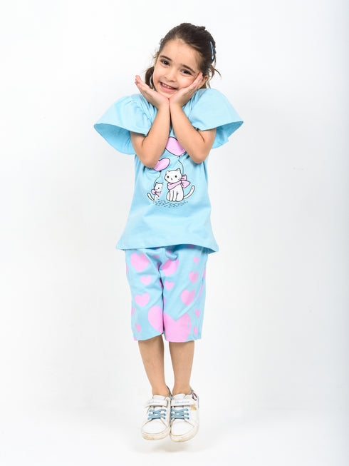 Frill Sleeves Kitty Heart Cotton Short Set (Baby Blue)