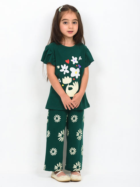 Frill Sleeves Emerald Blossom Cotton Trouser Set (Forest Green)