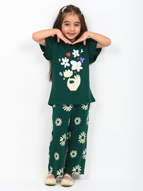 Frill Sleeves Emerald Blossom Cotton Trouser Set (Forest Green)