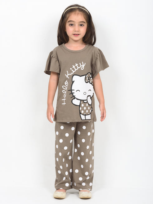 Frill Sleeves Polka Kitty Charm Cotton Trouser Set (Taupe Brown)