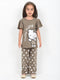 Frill Sleeves Polka Kitty Charm Cotton Trouser Set (Taupe Brown)