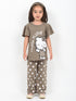 Frill Sleeves Polka Kitty Charm Cotton Trouser Set (Taupe Brown)