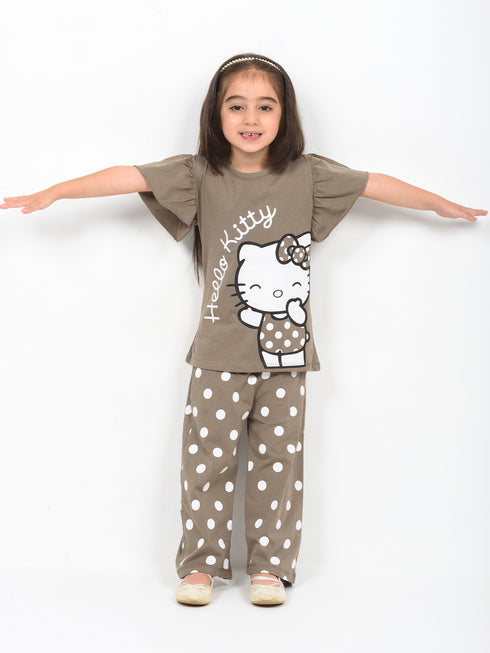 Frill Sleeves Polka Kitty Charm Cotton Trouser Set (Taupe Brown)