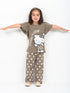 Frill Sleeves Polka Kitty Charm Cotton Trouser Set (Taupe Brown)