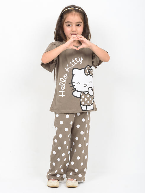 Frill Sleeves Polka Kitty Charm Cotton Trouser Set (Taupe Brown)