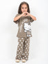 Frill Sleeves Polka Kitty Charm Cotton Trouser Set (Taupe Brown)