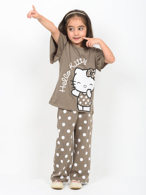 Frill Sleeves Polka Kitty Charm Cotton Trouser Set (Taupe Brown)