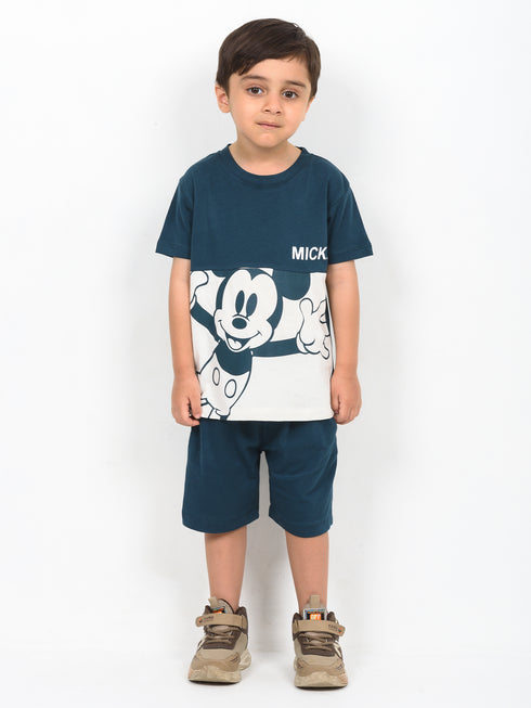 Mickey Themed Cotton Short Set (Dark Green & White)