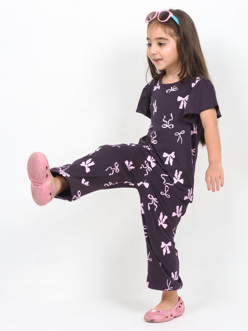Frill Sleeves Bow Bliss Cotton Trouser Set (Dark Purple)