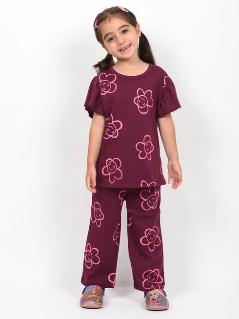 Frill Sleeves Happy Bloom Cotton Trouser Set (Mulberry)