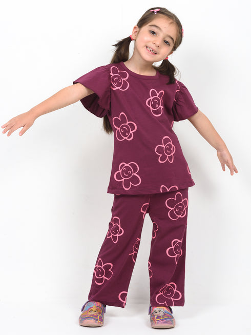 Frill Sleeves Happy Bloom Cotton Trouser Set (Mulberry)
