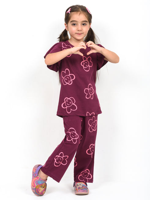 Frill Sleeves Happy Bloom Cotton Trouser Set (Mulberry)