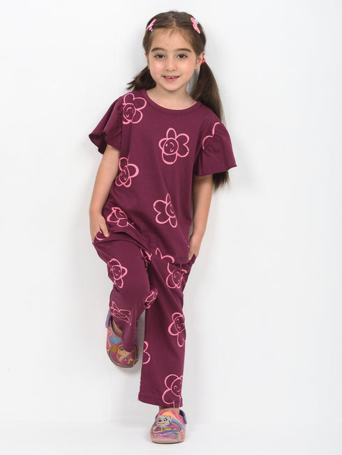 Frill Sleeves Happy Bloom Cotton Trouser Set (Mulberry)