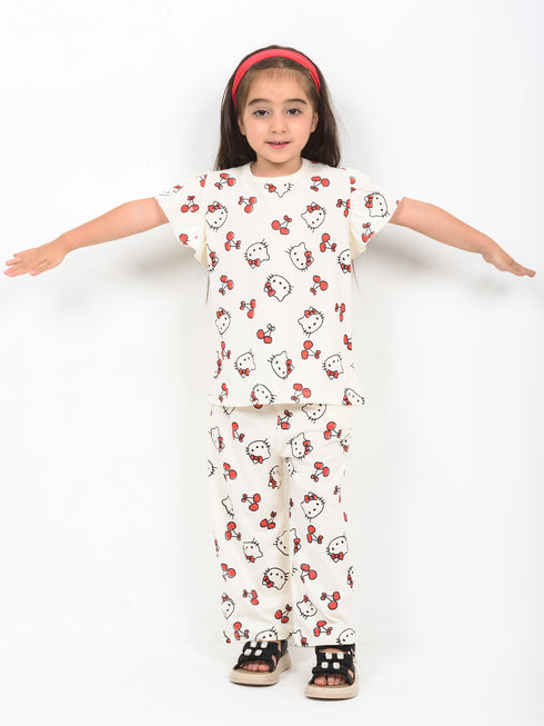 Frill Sleeves Kitty Themed Cotton Trouser Set (Off-White)