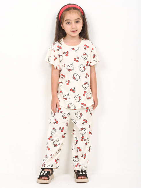 Frill Sleeves Kitty Themed Cotton Trouser Set (Off-White)