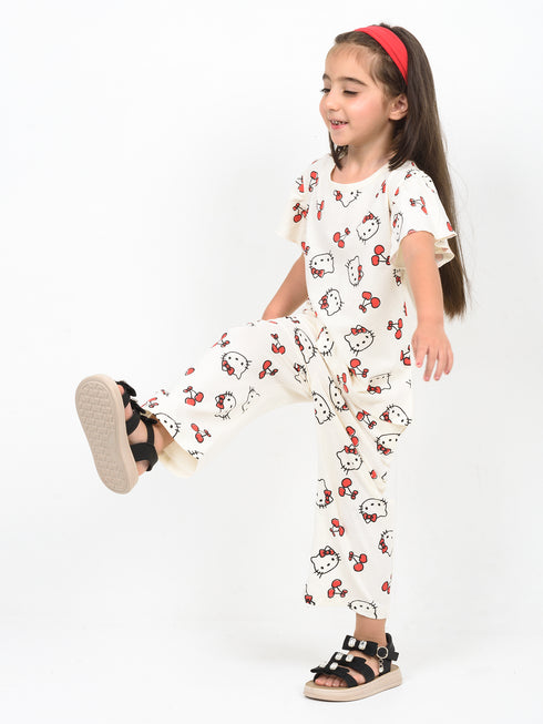 Frill Sleeves Kitty Themed Cotton Trouser Set (Off-White)