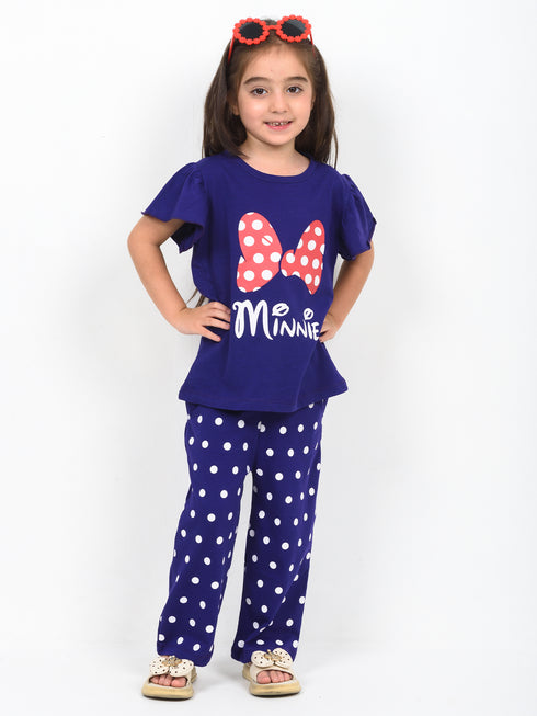 Frill Sleeves Minnie's Bow Cotton Trouser Set (Dark Purple)