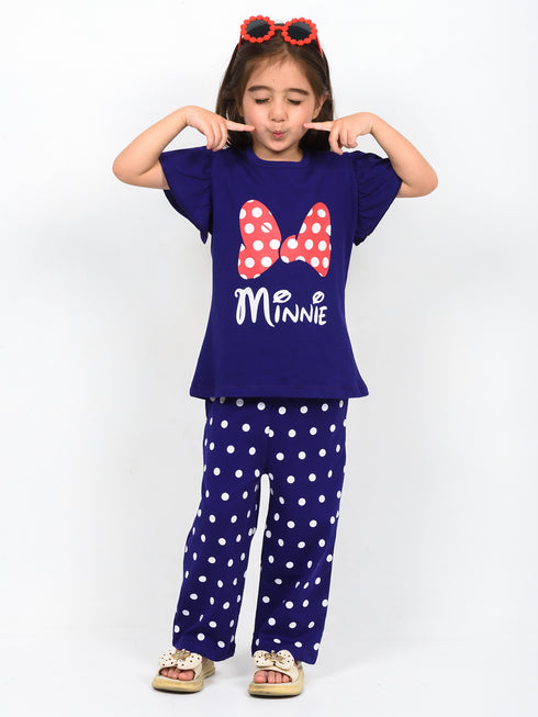 Frill Sleeves Minnie's Bow Cotton Trouser Set (Dark Purple)