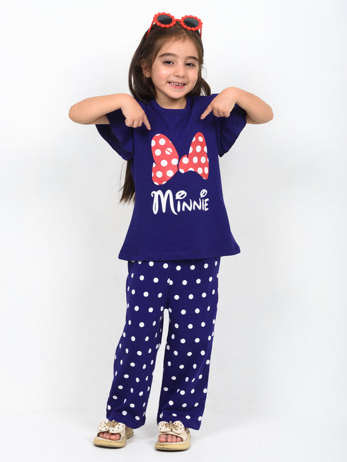 Frill Sleeves Minnie's Bow Cotton Trouser Set (Dark Purple)