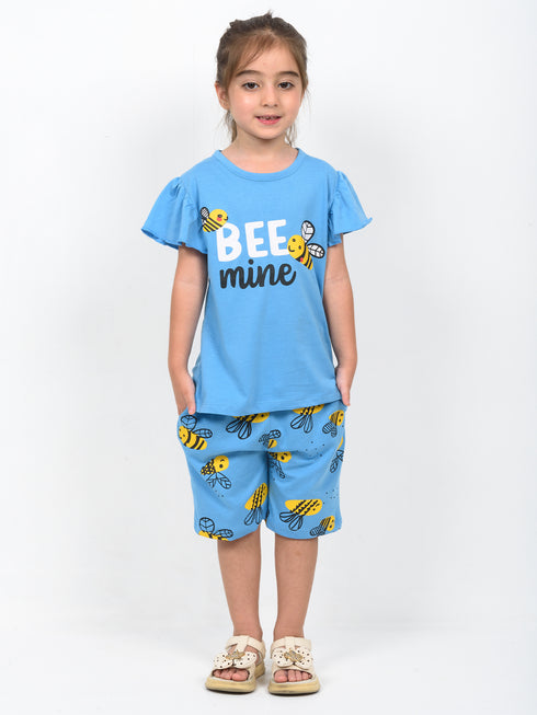Frill Sleeves Bee Mine Cotton Short Set (Mint Blue)