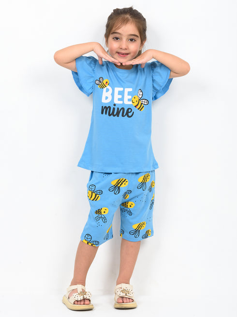 Frill Sleeves Bee Mine Cotton Short Set (Mint Blue)