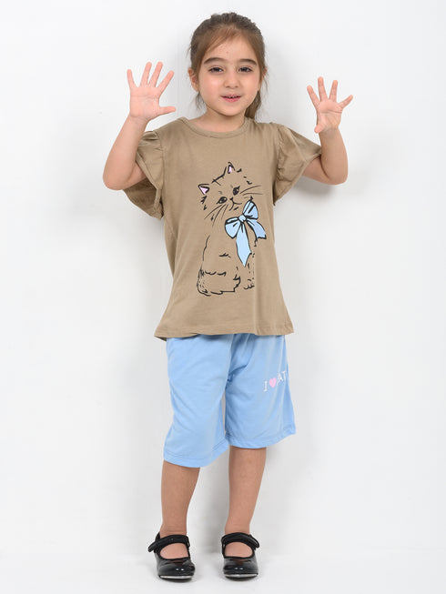 Frill Sleeves Kitty Charm Cotton Short Set (Beige & Sky Blue)