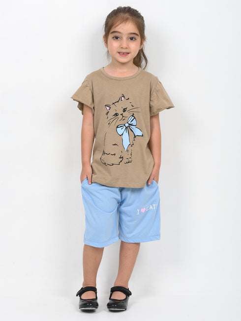 Frill Sleeves Kitty Charm Cotton Short Set (Beige & Sky Blue)