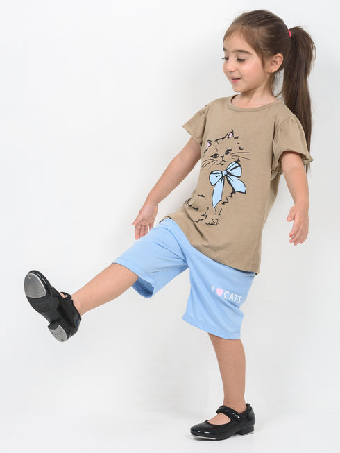 Frill Sleeves Kitty Charm Cotton Short Set (Beige & Sky Blue)