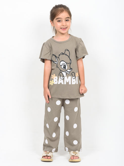 Frill Sleeves Polka Bambi Cotton Trouser Set (Dusty Brown)