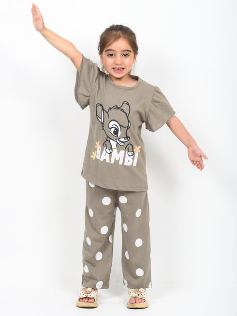 Frill Sleeves Polka Bambi Cotton Trouser Set (Dusty Brown)