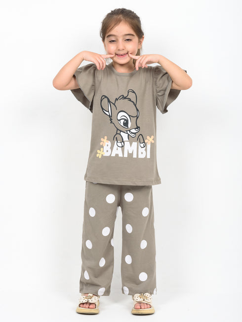 Frill Sleeves Polka Bambi Cotton Trouser Set (Dusty Brown)