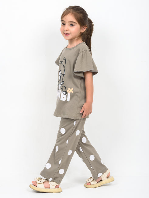 Frill Sleeves Polka Bambi Cotton Trouser Set (Dusty Brown)
