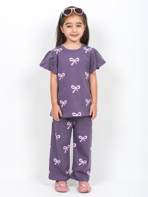 Frill Sleeves Ribbon Themed Cotton Trouser Set (Purple)