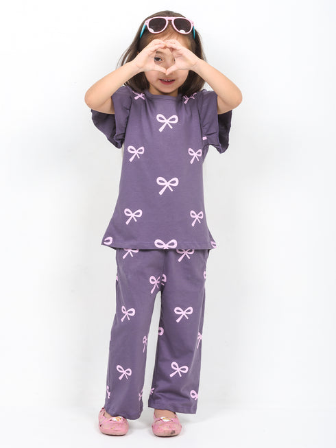 Frill Sleeves Ribbon Themed Cotton Trouser Set (Purple)